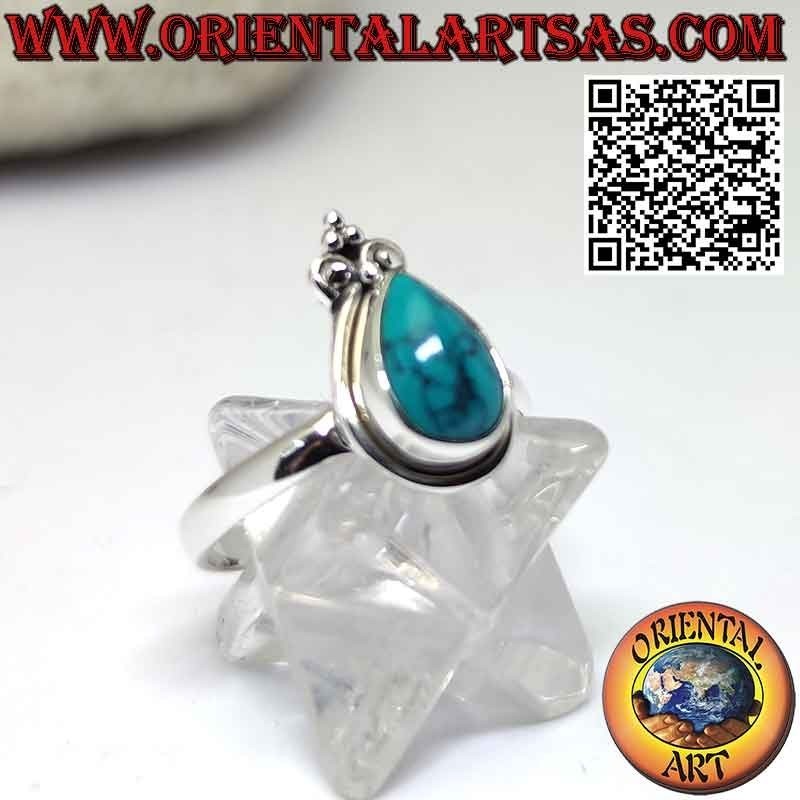 Anello in argento con turchese a goccia a bordo liscio e giglio a corona