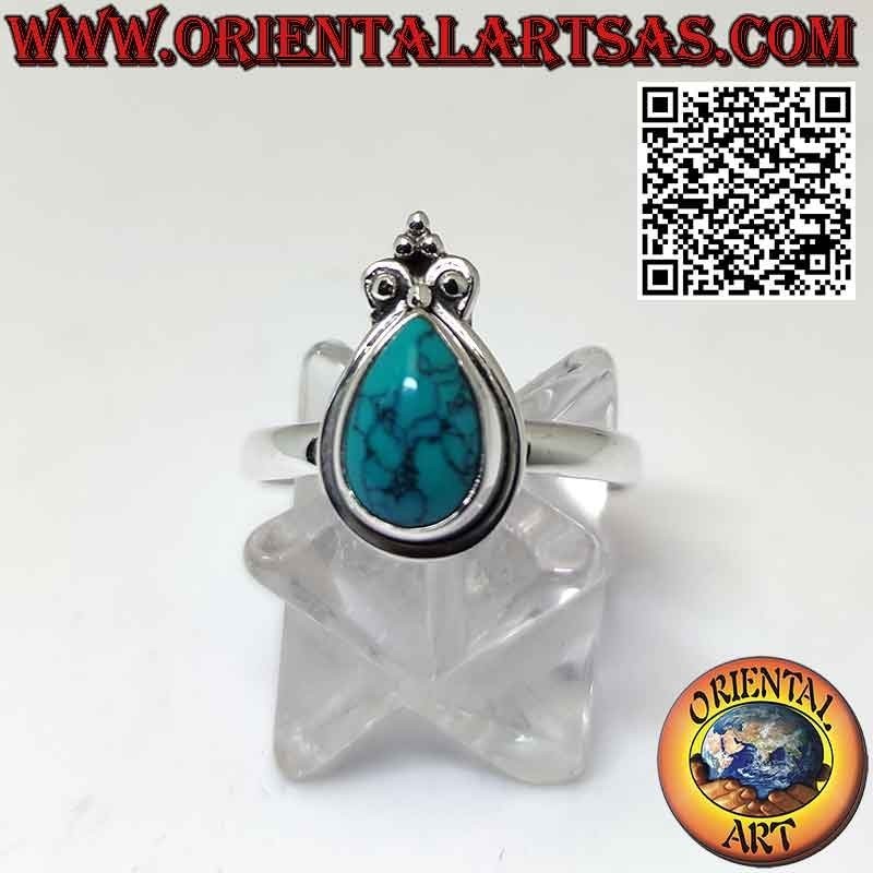 Anillo de plata con gota turquesa con borde liso y corona de lirio
