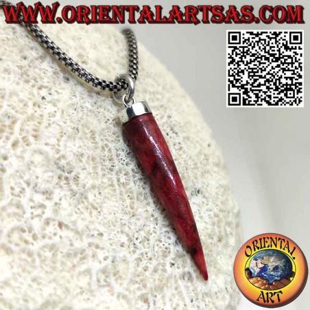 Red coral horn pendant in silver with smooth cap