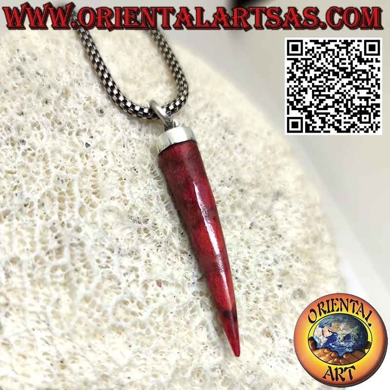 Red coral horn pendant in silver with smooth cap