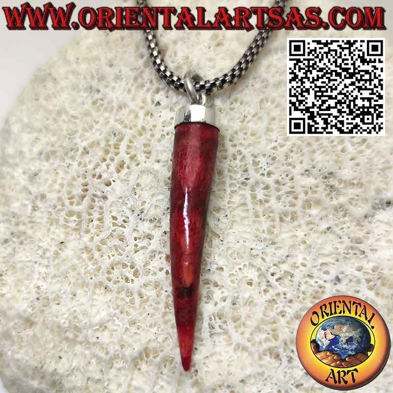 Red coral horn pendant in silver with smooth cap