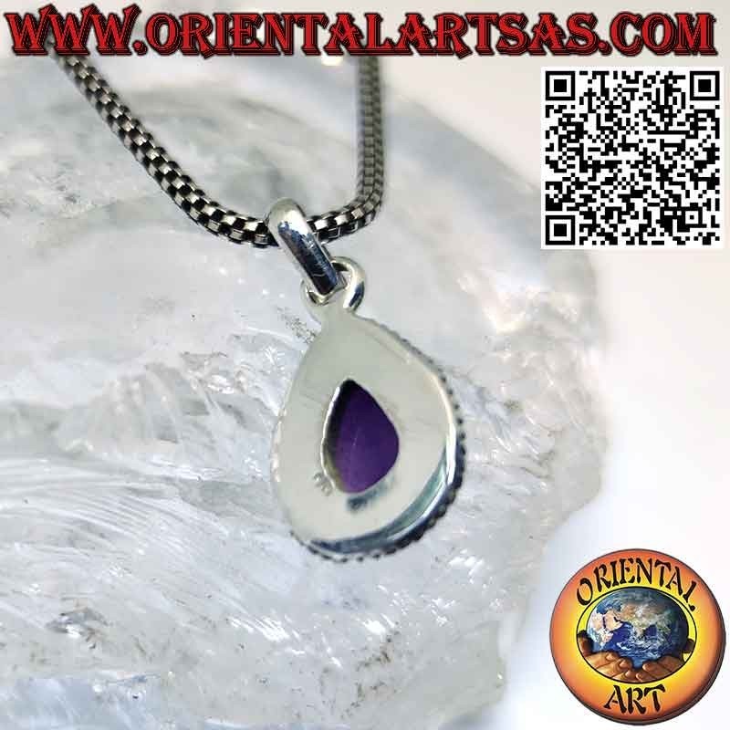 Silver pendant with natural tumbled drop amethyst with spheres on the edge