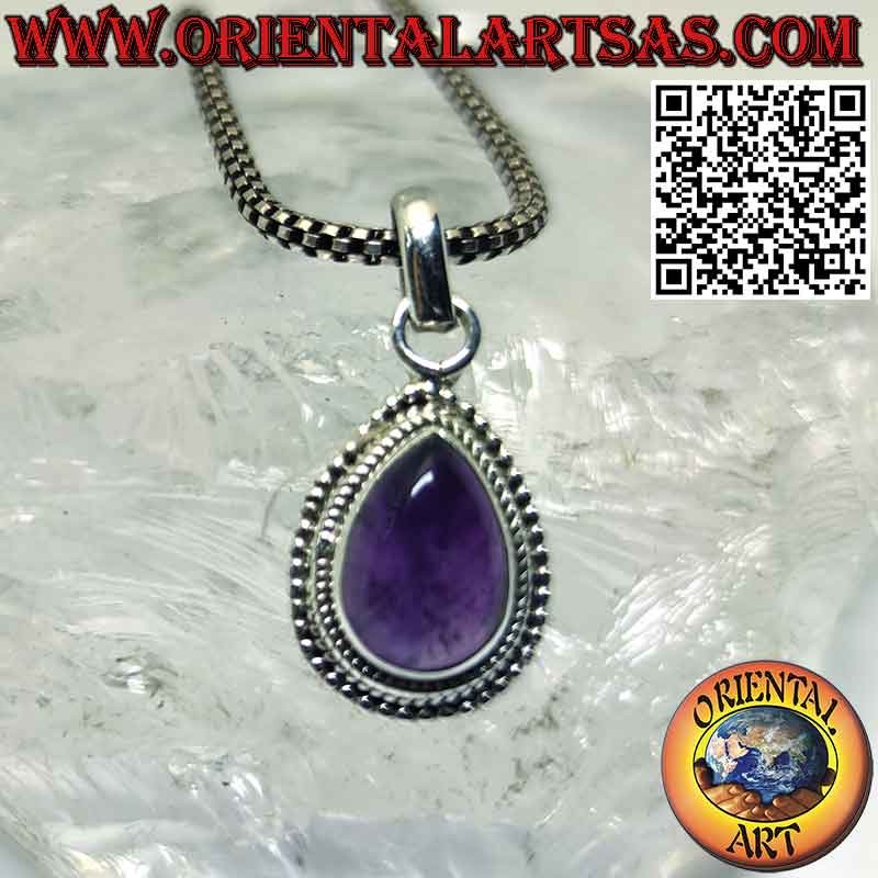 Silberanhänger mit natürlichem getrommeltem Amethyst mit Kugeln am Rand