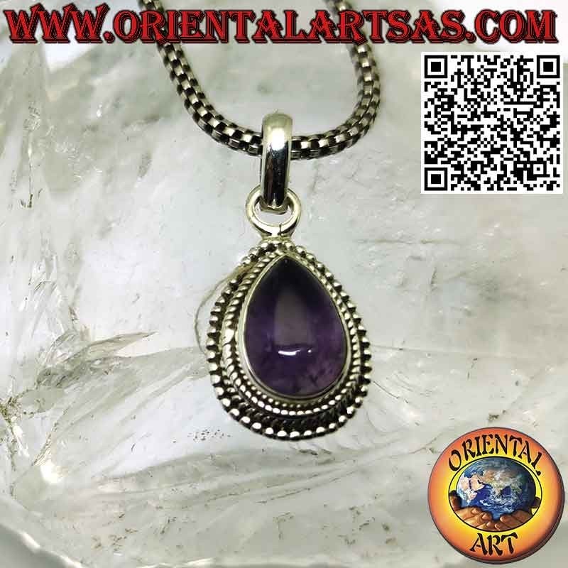 Silver pendant with natural tumbled drop amethyst with spheres on the edge