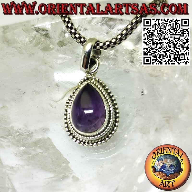 Silver pendant with natural tumbled drop amethyst with spheres on the edge