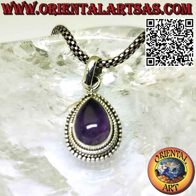 Silver pendant with natural tumbled drop amethyst with spheres on the edge