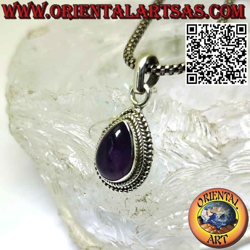 Silver pendant with natural tumbled drop amethyst with spheres on the edge
