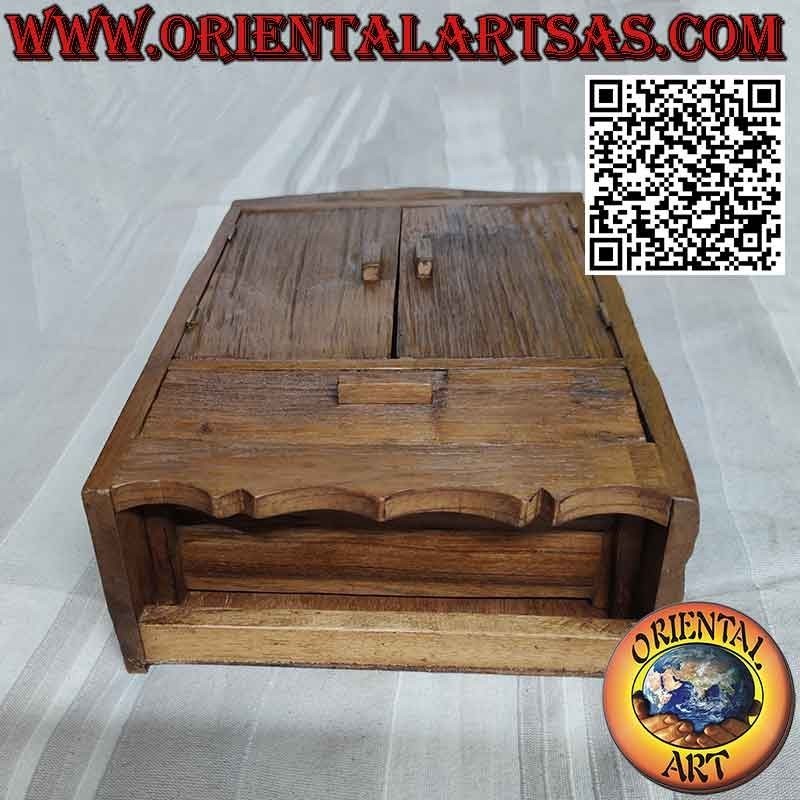 Bacheca a due ante, un ripiano e un cassetto in legno di teak antico