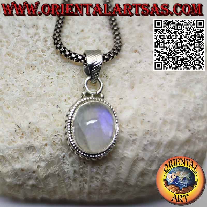 Pendentif en argent avec pierre de lune arc-en-ciel ovale ornée de sphères