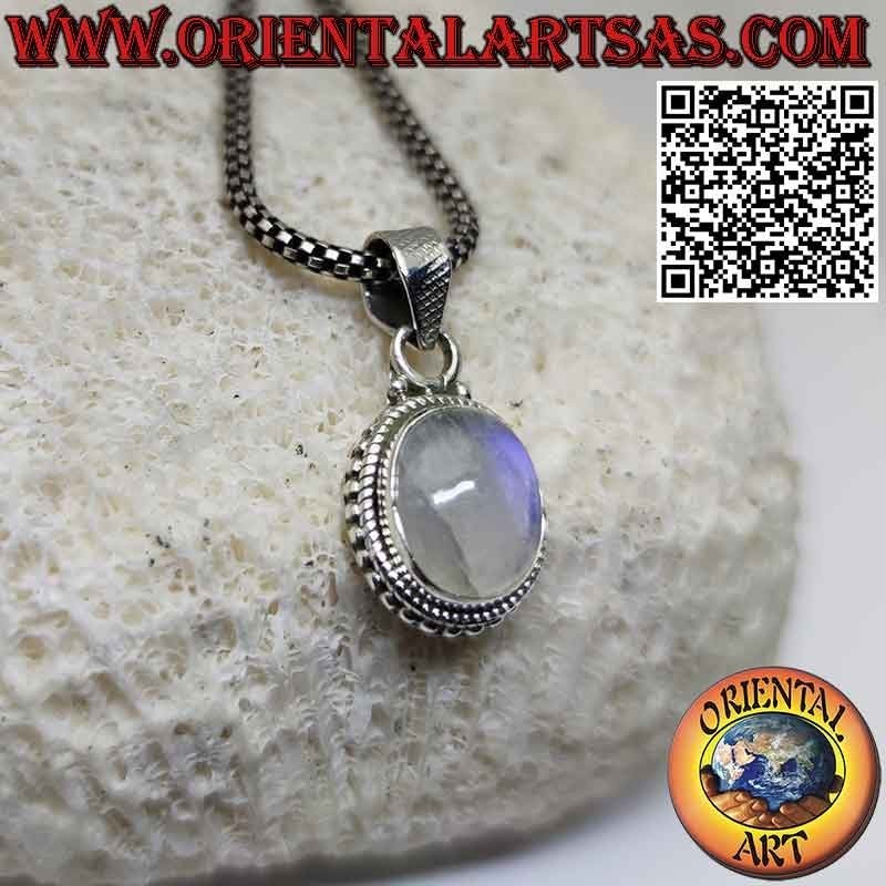 Pendentif en argent avec pierre de lune arc-en-ciel ovale ornée de sphères