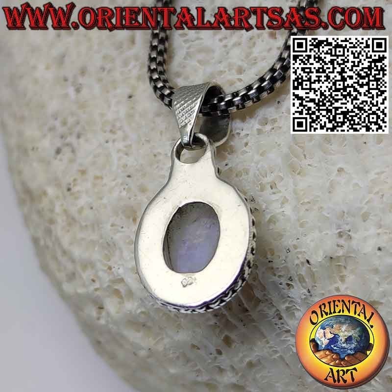 Pendentif en argent avec pierre de lune arc-en-ciel ovale ornée de sphères