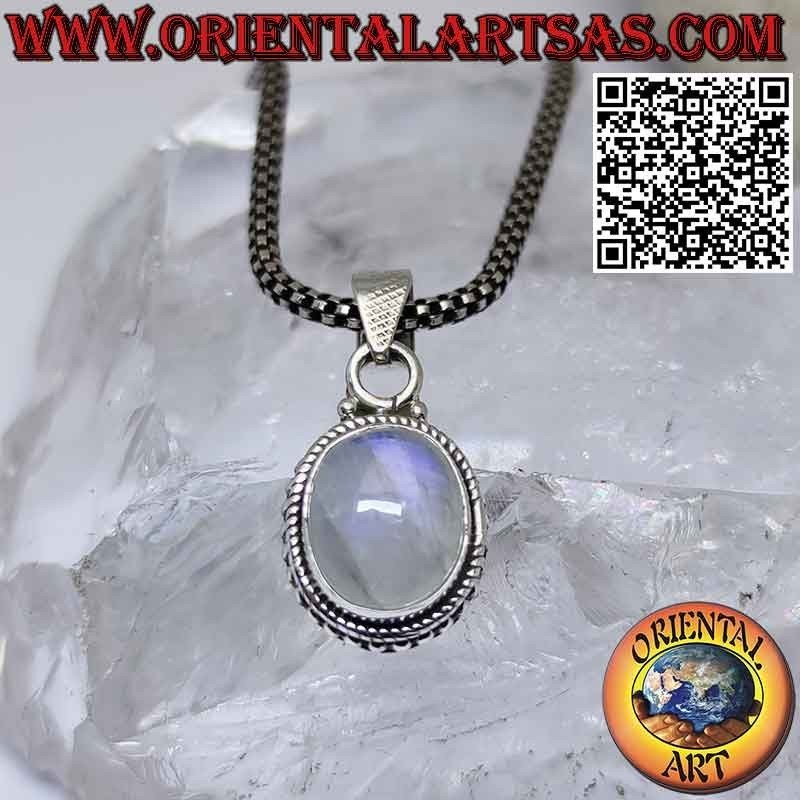 Pendentif en argent avec pierre de lune arc-en-ciel ovale ornée de sphères