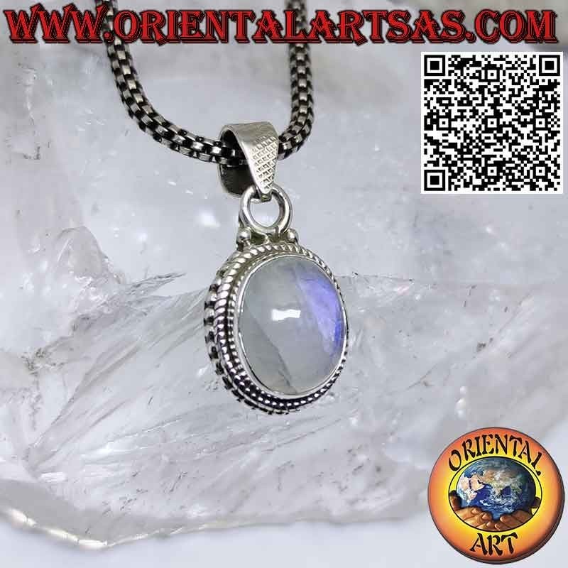 Colgante de plata con piedra luna arcoíris ovalada adornada con esferas