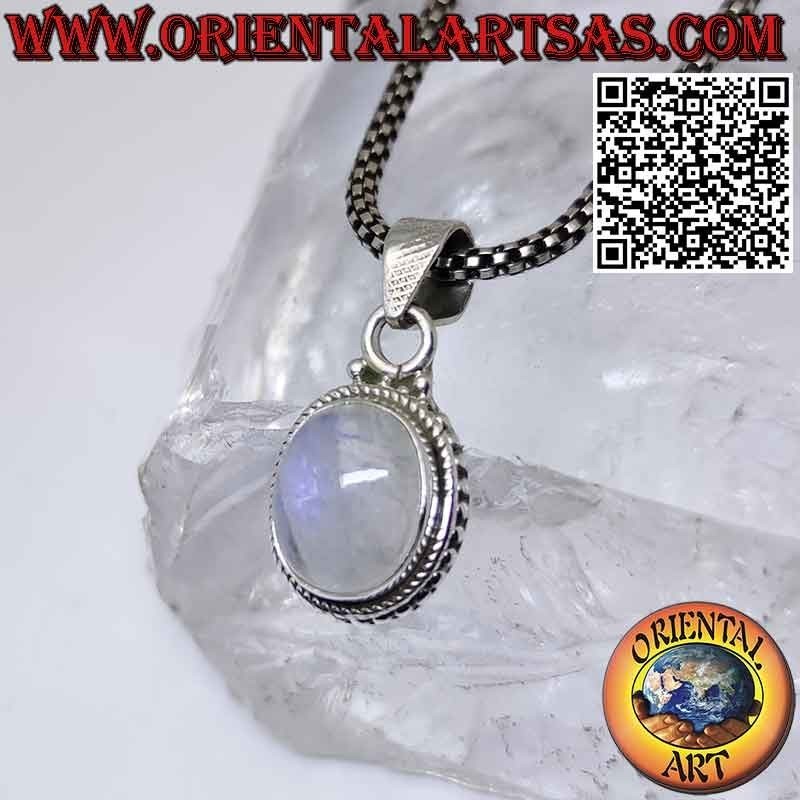 Pendentif en argent avec pierre de lune arc-en-ciel ovale ornée de sphères