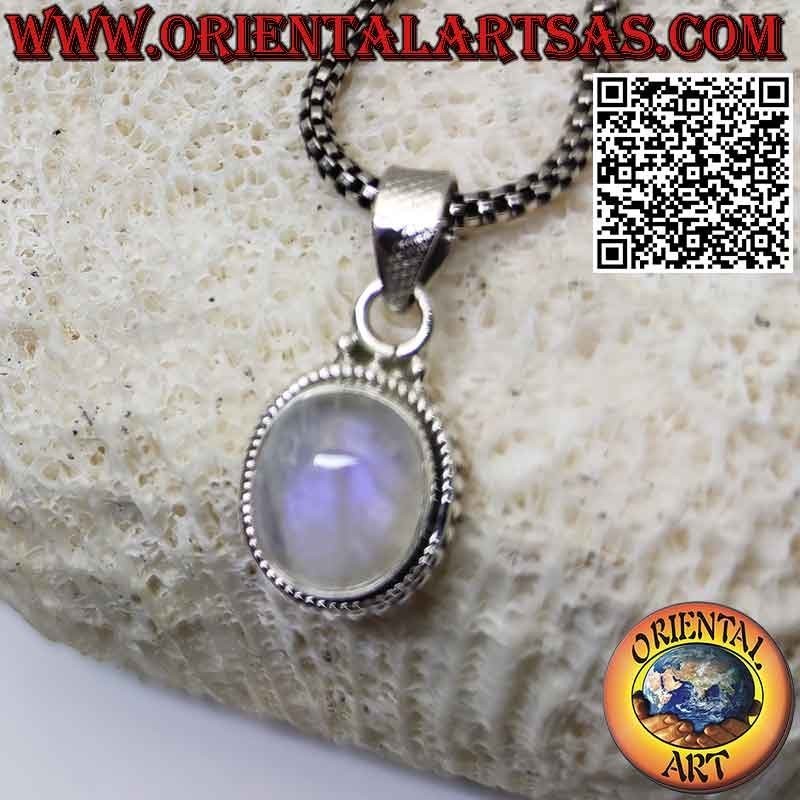 Silver pendant with oval rainbow moonstone adorned with spheres