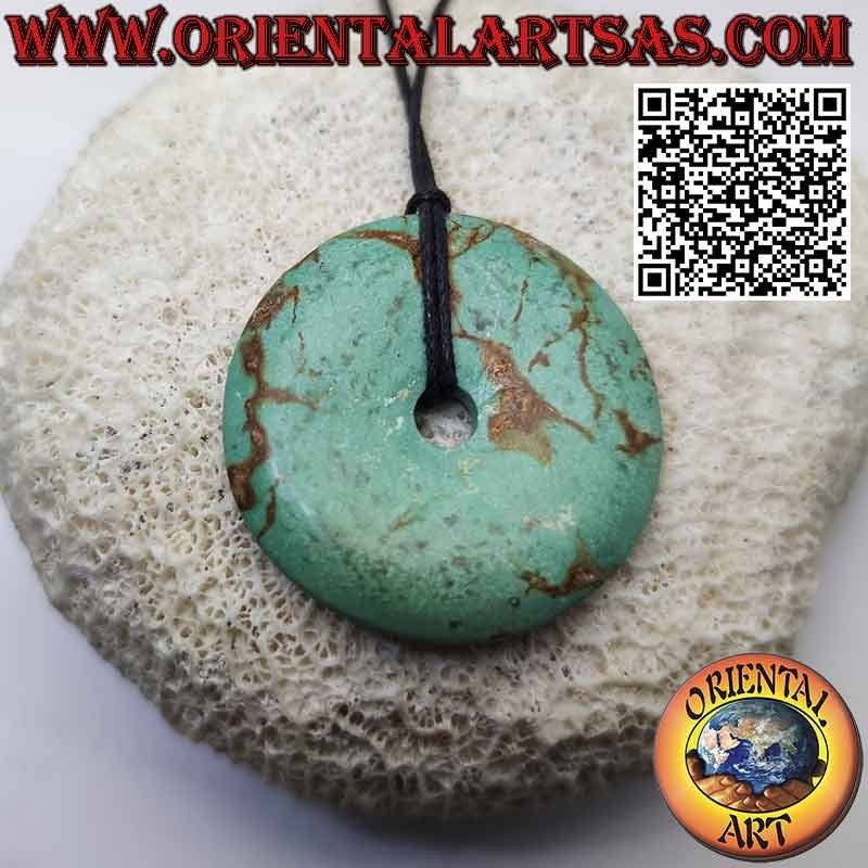 Colgante de disco / anillo de turquesa tibetano antiguo de 38 mm. Ø (cable incluido)