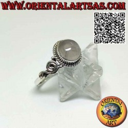 Silver ring with round rose quartz decorated with braid and spiral on the sides