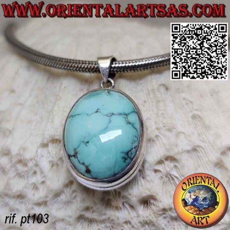 Silver pendant with natural oval Tibetan turquoise and double smooth rounded edge