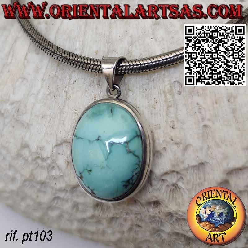 Colgante de plata con turquesa tibetana ovalada natural y doble borde redondeado liso