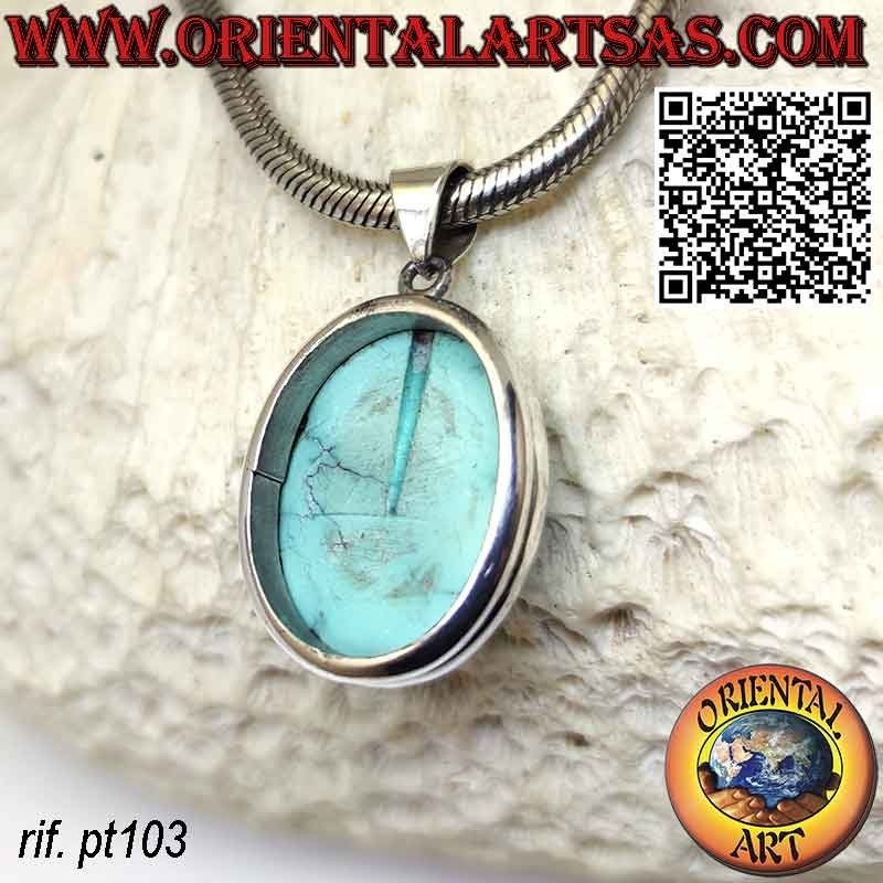 Colgante de plata con turquesa tibetana ovalada natural y doble borde redondeado liso