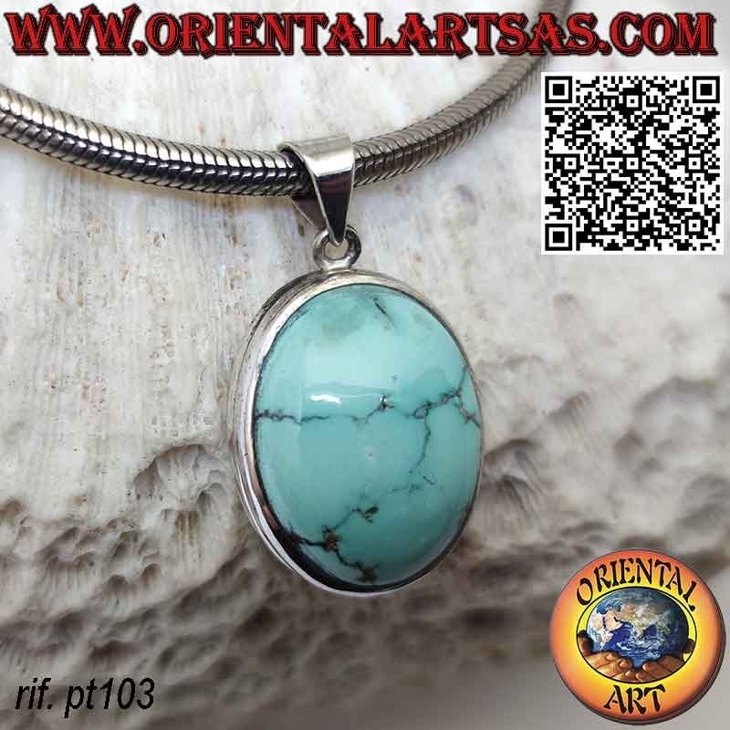 Colgante de plata con turquesa tibetana ovalada natural y doble borde redondeado liso