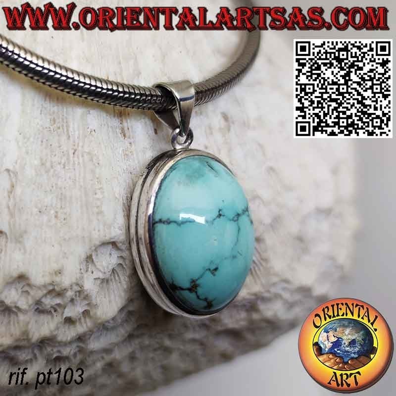 Silver pendant with natural oval Tibetan turquoise and double smooth rounded edge