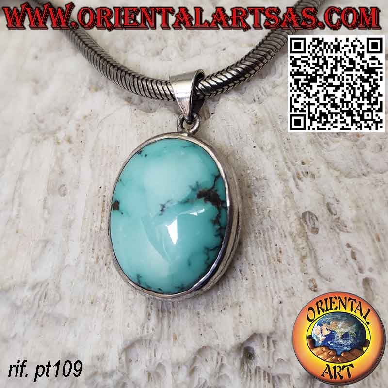 Pendentif en argent avec bord haut ovale turquoise tibétain naturel