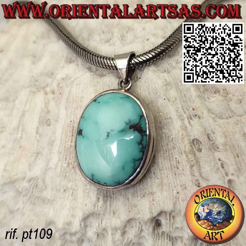 Colgante de plata con borde alto ovalado de turquesa tibetana natural