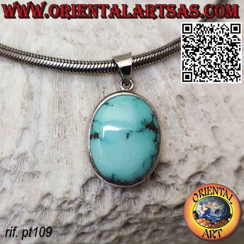 Ciondolo in argento con turchese naturale tibetano ovale bordo alto