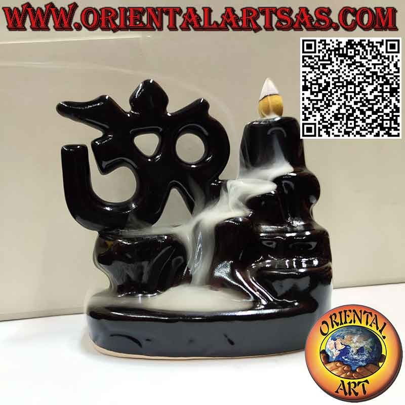 Backflow burner for incense, Aum or Om (ॐ) cone, in ceramic cascade of smoke