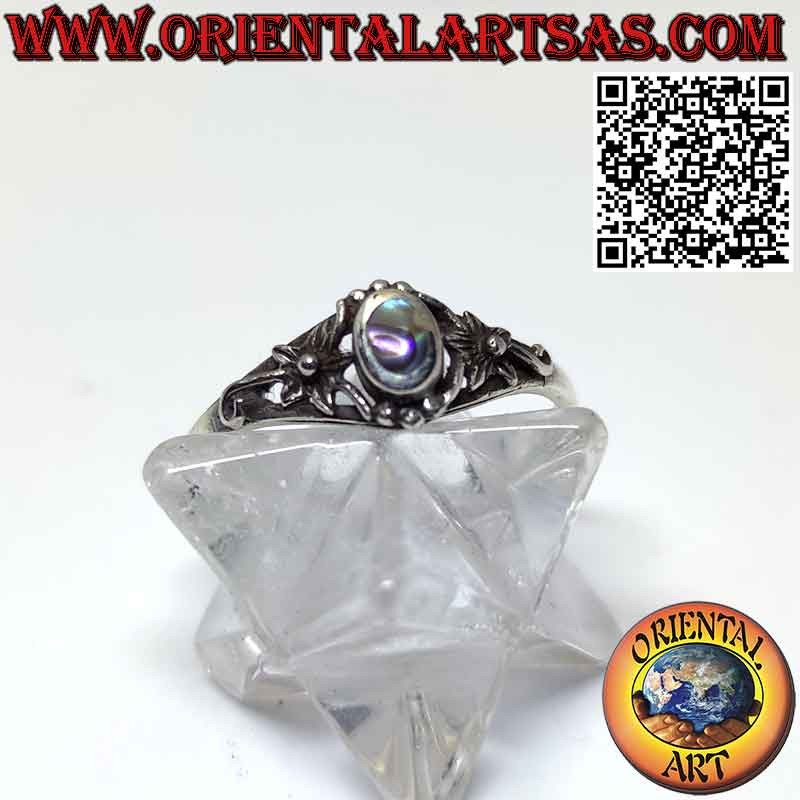 Silver ring with oval paua shell abalone and flower on the sides
