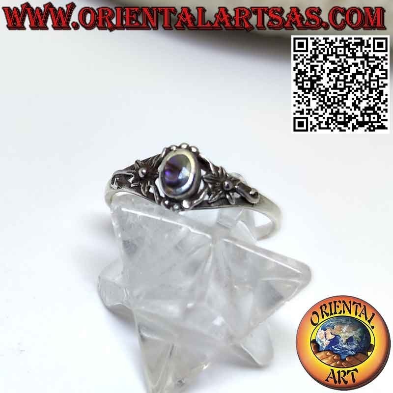 Bague en argent avec coquille d'ormeau paua ovale et fleur sur les côtés