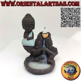 Backflow burner for incense with small Buddha cone, in ceramic cascade of smoke