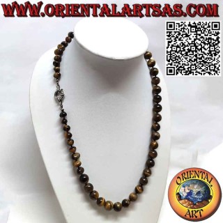 Collier perles et galets oeil de tigre naturel, fermoir argent