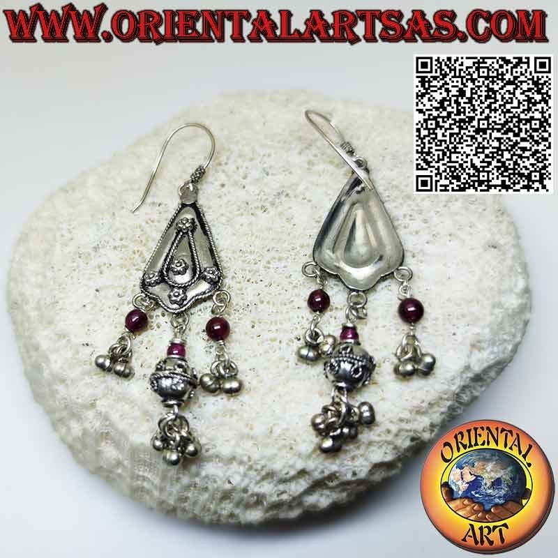 Silver earrings with pendants and garnets. handmade rajasthani style