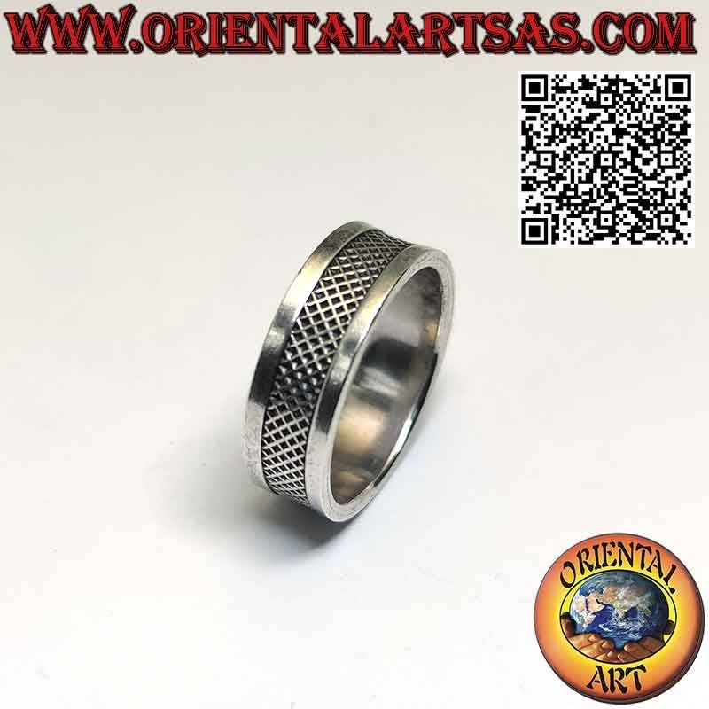 Bague en argent à large bande avec gravures centrales en filet croisé