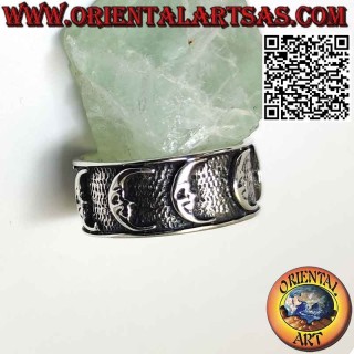 Wide band silver ring with high relief moons