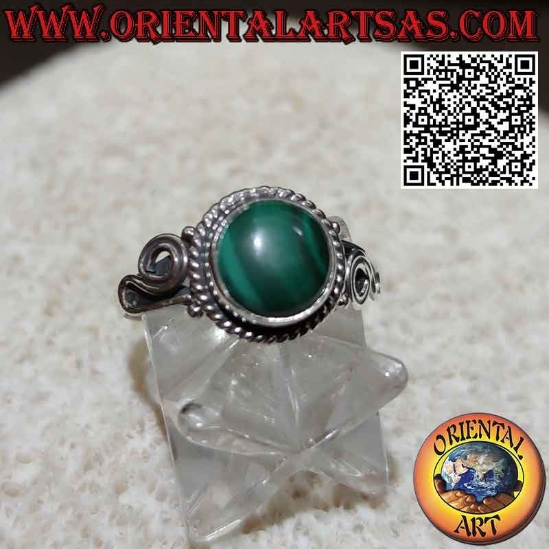 Silver ring with round natural malachite and spiral on the sides
