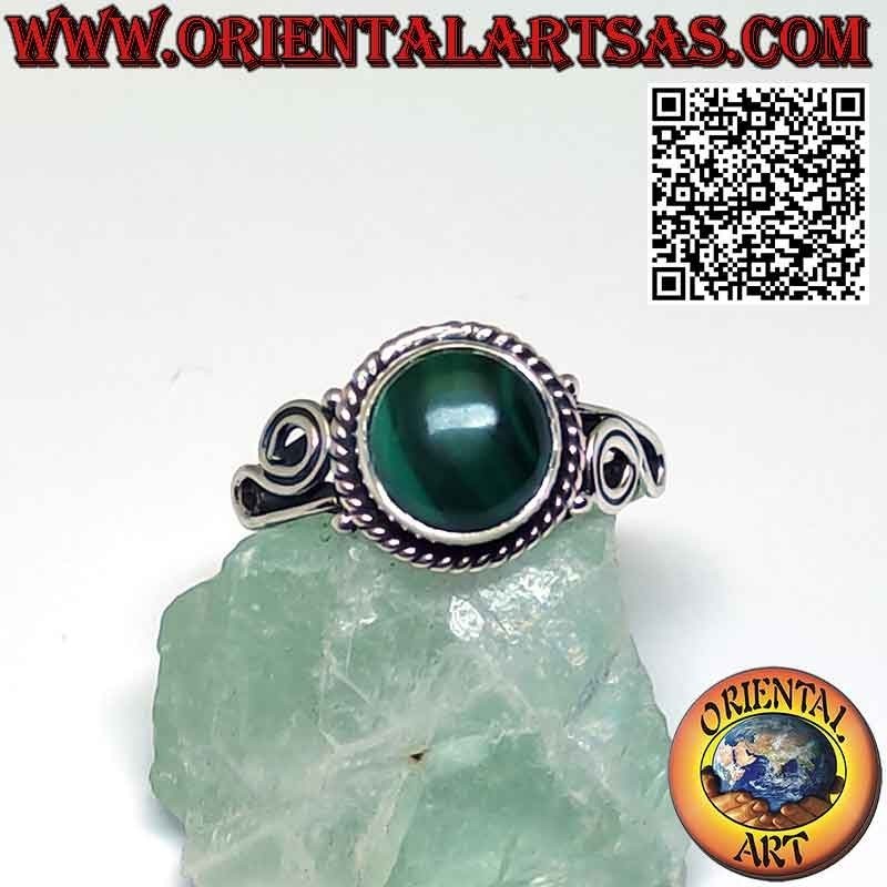 Silver ring with round natural malachite and spiral on the sides