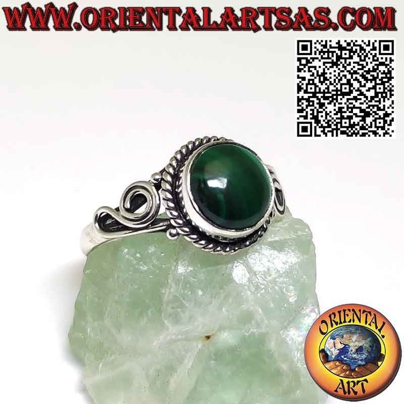 Silver ring with round natural malachite and spiral on the sides
