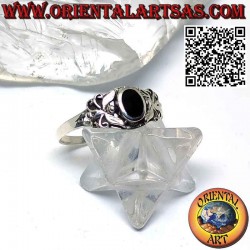 Silver ring with oval onyx and stylized butterfly on the sides