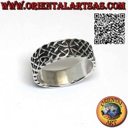 Wide band ring in silver with double Celtic knot in high relief