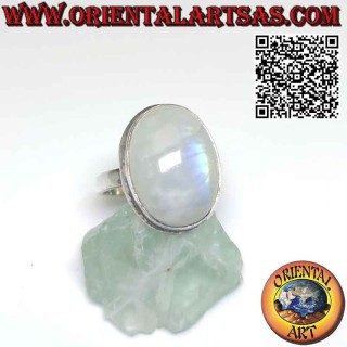 Silver ring, with simple large oval rainbow moonstone