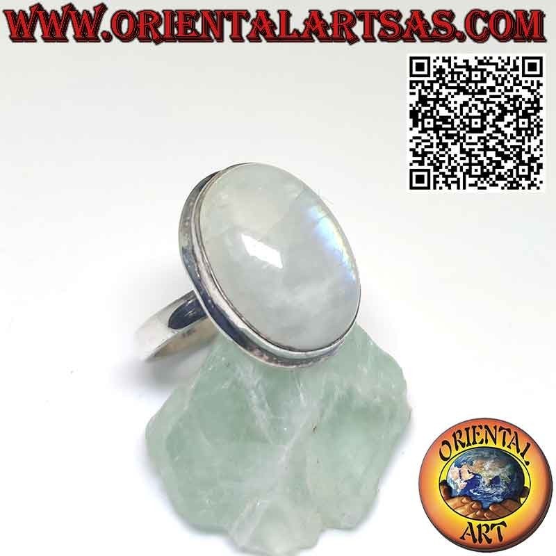 Anillo de plata de piedra lunar arcoíris ovalado grande simple