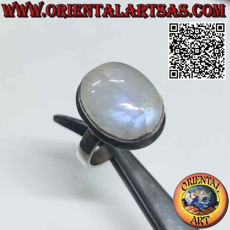 Anillo de plata de piedra lunar arcoíris ovalado grande simple