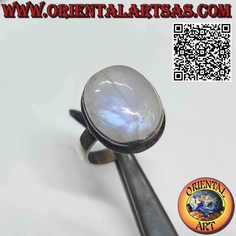 Anello in argento con pietra di luna arcobaleno ovale grande semplice