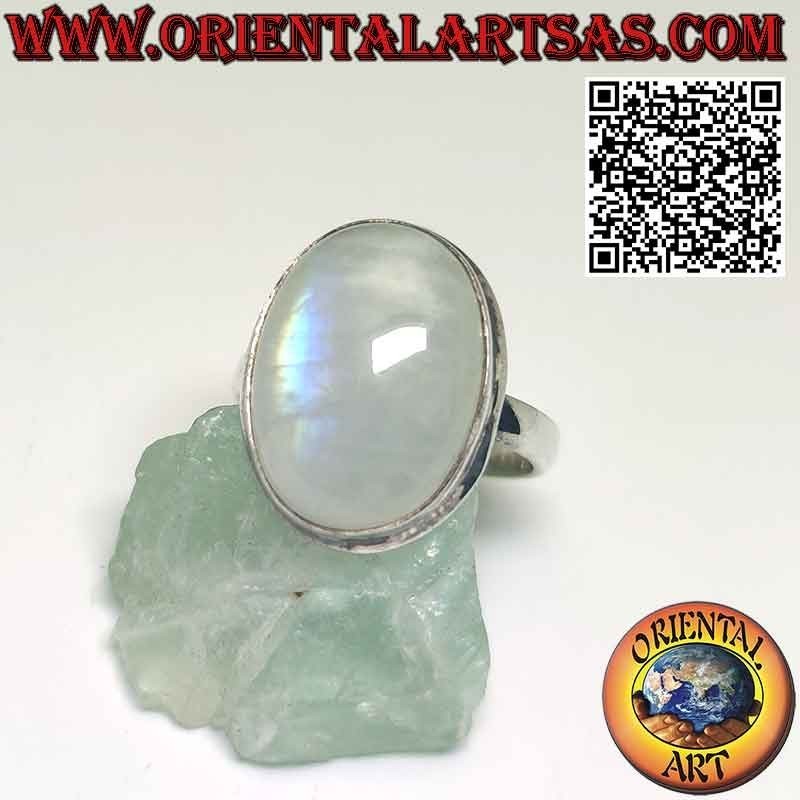 Anillo de plata de piedra lunar arcoíris ovalado grande simple
