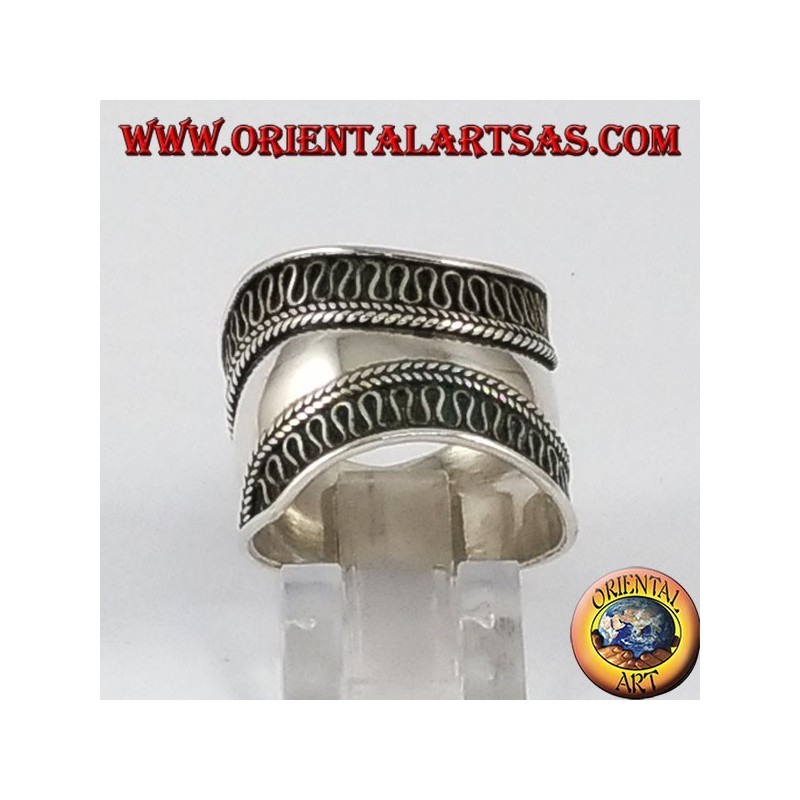 Silver wide band ring, Bali with contoured edges