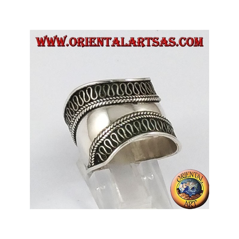Silver wide band ring, Bali with contoured edges