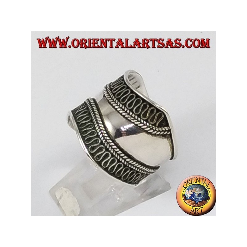 Silver wide band ring, Bali with contoured edges